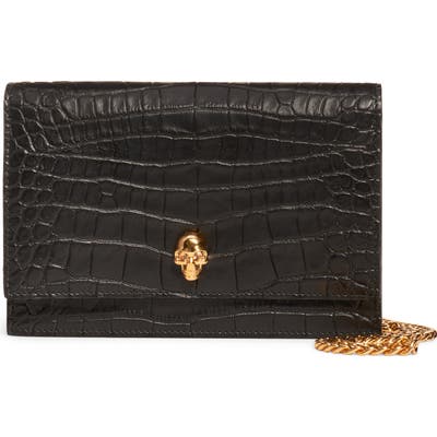 Alexander Mcqueen Mini Skull Croc Embossed Leather Shoulder Bag - Black