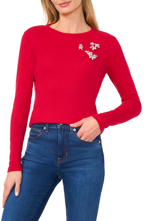 Shop Cece Rhinestone Embellished Scalloped Trim Rib Knit Top In Glamour Red