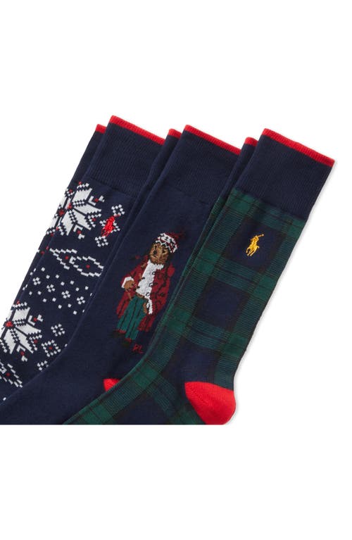 Shop Polo Ralph Lauren Artic Holiday Bear Assorted 3-pack Cotton Blend Crew Socks Gift Box In Navy Multi