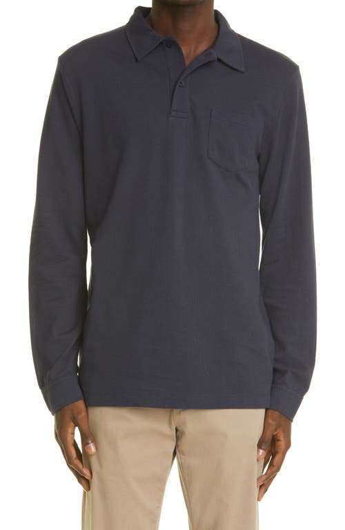 Sunspel Riviera Long Sleeve Mesh Pocket Polo in Navy at Nordstrom, Size Small