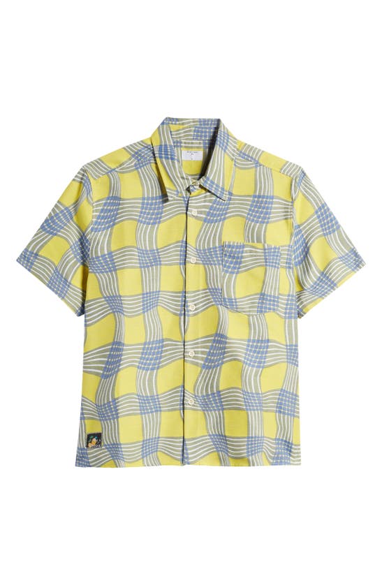 Shop Percival Sunshine Twister Warped Check Short Sleeve Cotton & Silk Button-up Shirt In Yellow