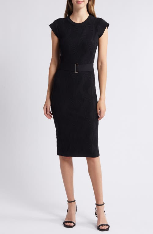 Shop Vince Camuto Textured Cap Sleeve Body-con Jacquard Sweater Dress In Black