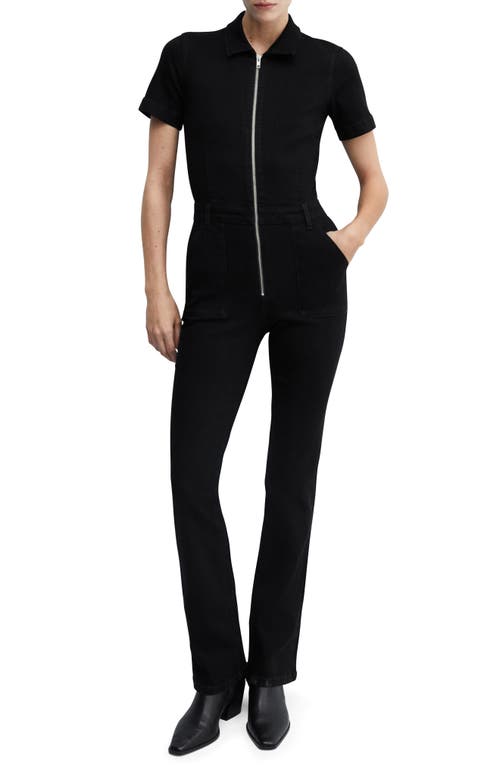 MANGO Straight Leg Zip-Up Denim Jumpsuit Black at Nordstrom,