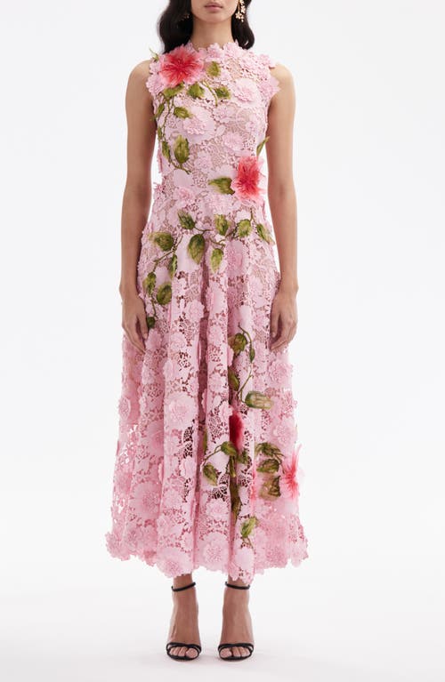 Shop Oscar De La Renta Hibiscus Embroidered Lace Midi Dress In Soft Pink