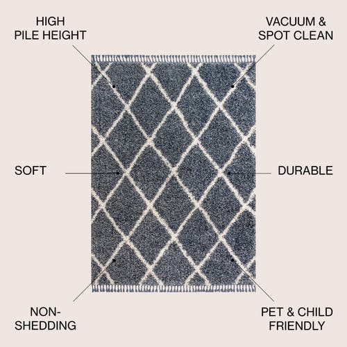 Jonathan Y Mercer Shag Plush Tassel Moroccan Geometric Trellis Denim Area Rug In Denim Blue/cream