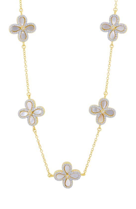Freida Rothman Blossoming Brilliance Mother-of-pearl Clover Station Necklace In Gold And Silver