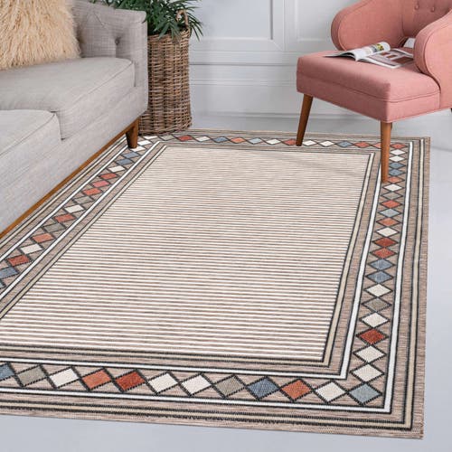 Shop Jonathan Y Sebastian High-low Modern Diamond Border Indoor/outdoor Area Rug In Brown/ivory