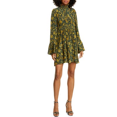 Amur Sorah Floral Print Long Sleeve Silk Minidress, Green