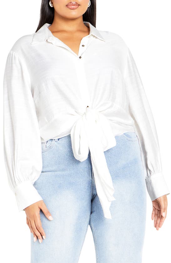 Shop City Chic Rosabella Tie Hem Button-up Shirt In Ivory