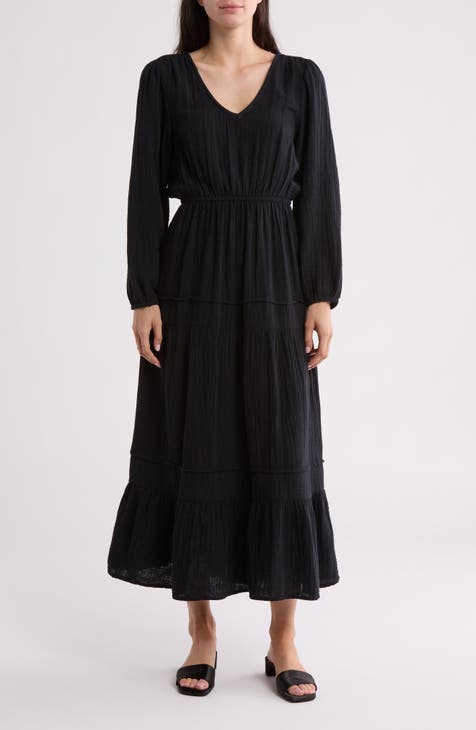 Long Sleeve Tiered Cotton Midi Dress