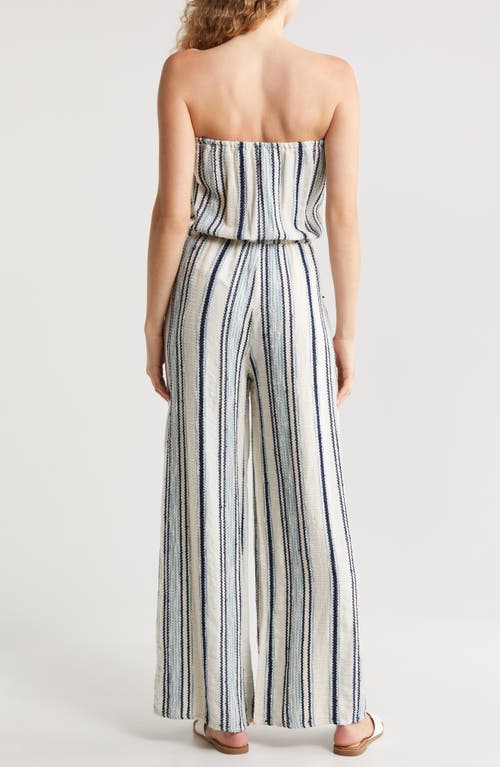 Shop Elan Stripe Strapless Wide Leg Cover-up Jumpsuit In Natural/blue Stripe