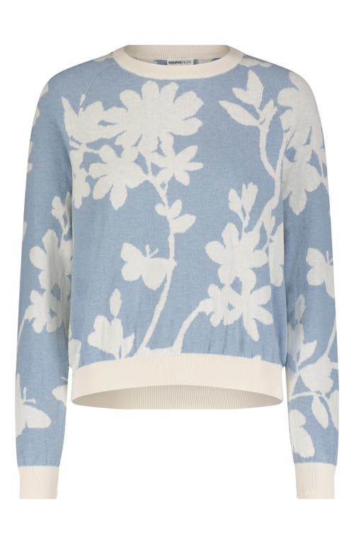 Shop Minnie Rose Floral Cotton & Cashmere Crewneck Sweater In Fresco Blue/starch