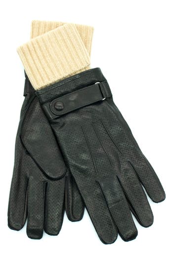 Shop Portolano Knit Cuff Leather Gloves In Black/light Camel