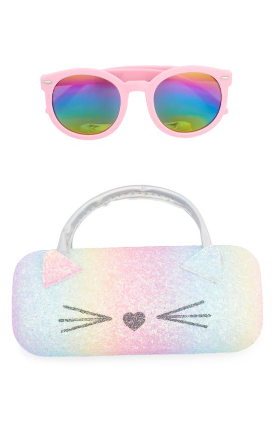 Shop Capelli New York Kids' Round Sunglasses & Glitter Case Set In Pink Multi Combo