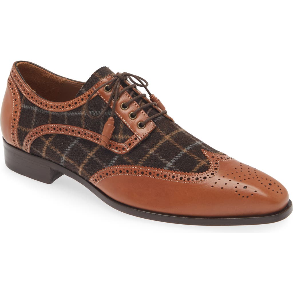 Mezlan Plaid & Brogue Leather Saddle Shoe In Dark Cognac/brown