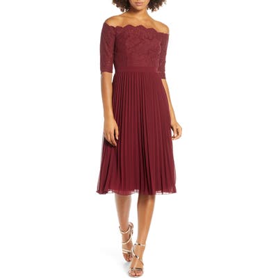 Chi Chi London Ioana Lace & Pleated Off The Shoulder Chiffon Cocktail Dress, Burgundy