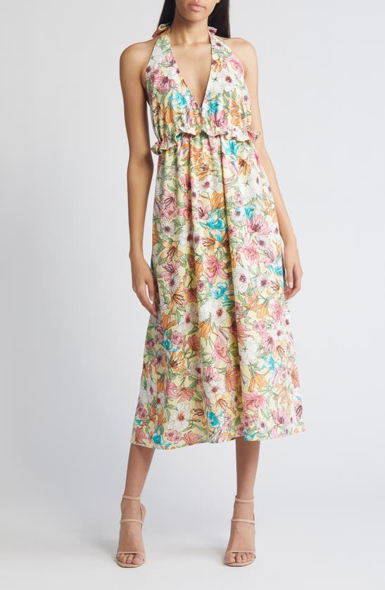 Charles Henry Floral Halter Linen Blend Midi Dress In Yellow Lily
