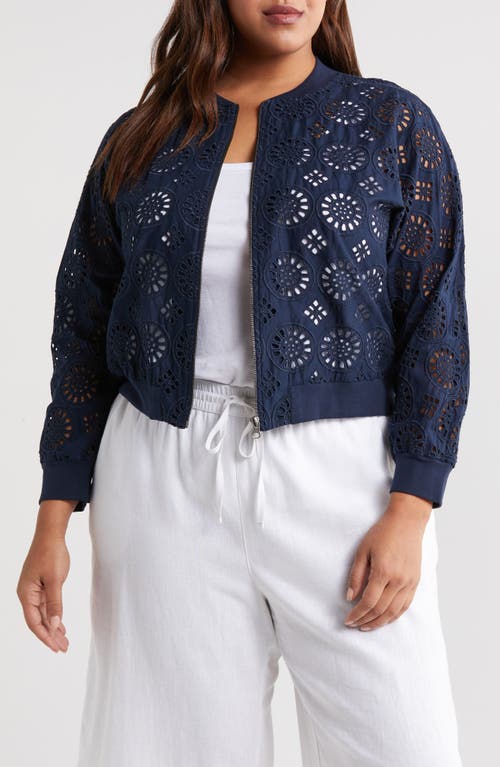 caslon(r) Cotton Eyelet Bomber Jacket Navy Blazer at Nordstrom