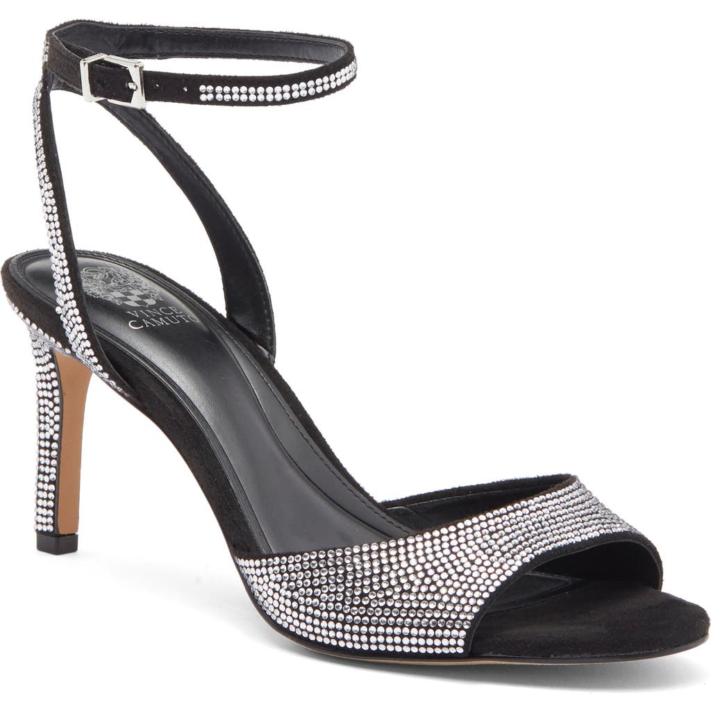 Vince Camuto Arilenea Rhinestone Ankle Strap Sandal In Black Microsuede