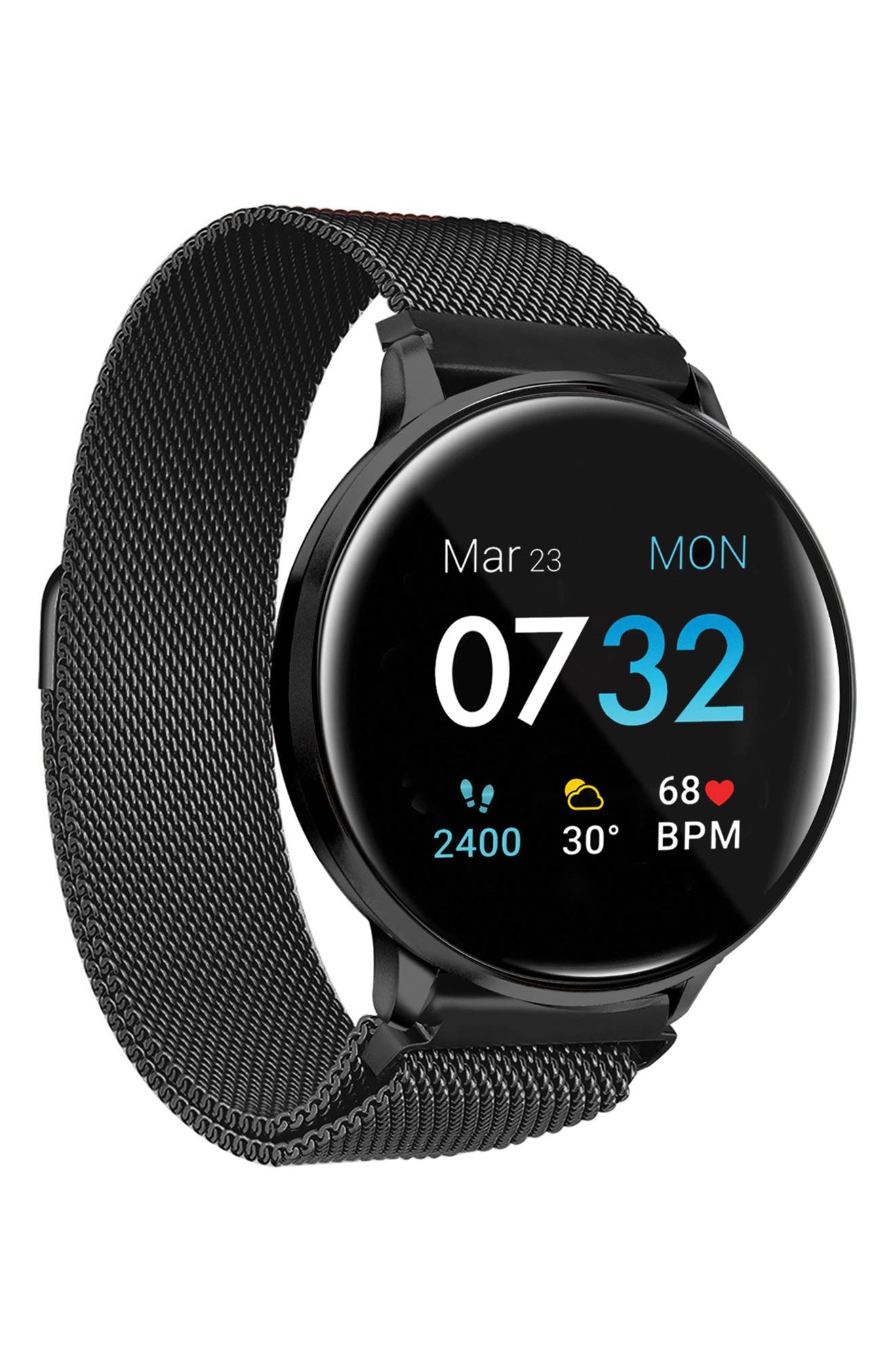 black stainless steel touchscreen smartwatch