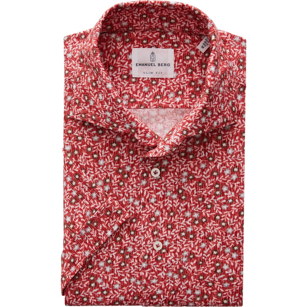 Emanuel Berg Floral Short Sleeve Knit Button-up Shirt In Medium Red