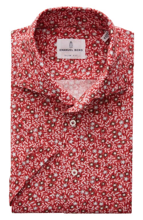 Floral Short Sleeve Knit Button-Up Shirt in Medium Red