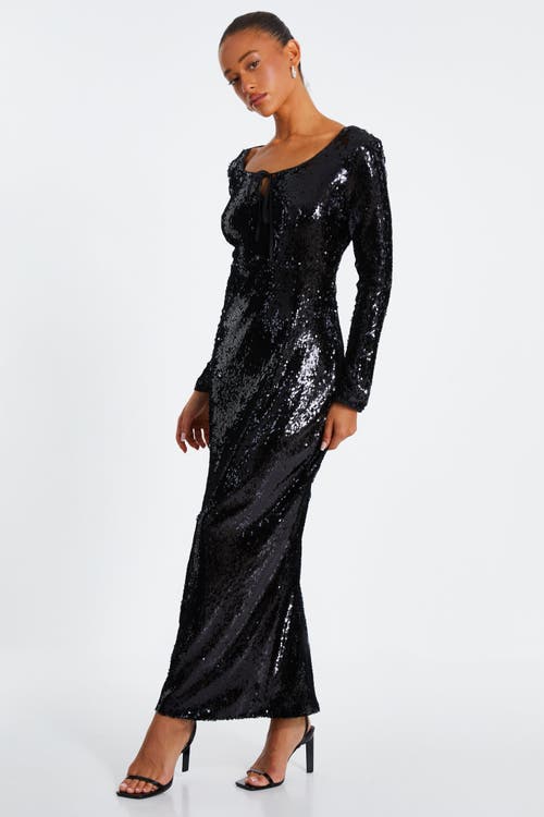 Quiz Sequin Tie Front Maxi Dress In Black