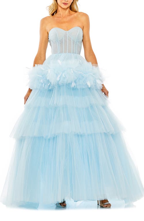 Ieena for Mac Duggal Feather Detail Strapless Tulle Gown in Ice Blue
