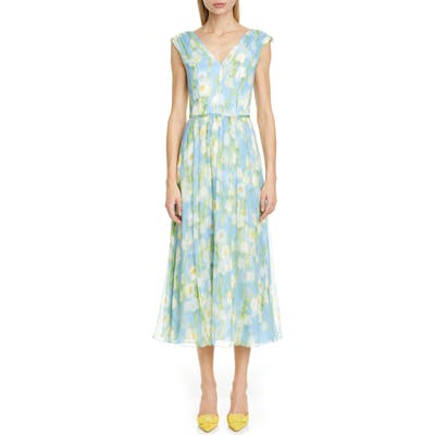 Carolina Herrera Floral Print V-Neck Silk Midi Dress, Blue