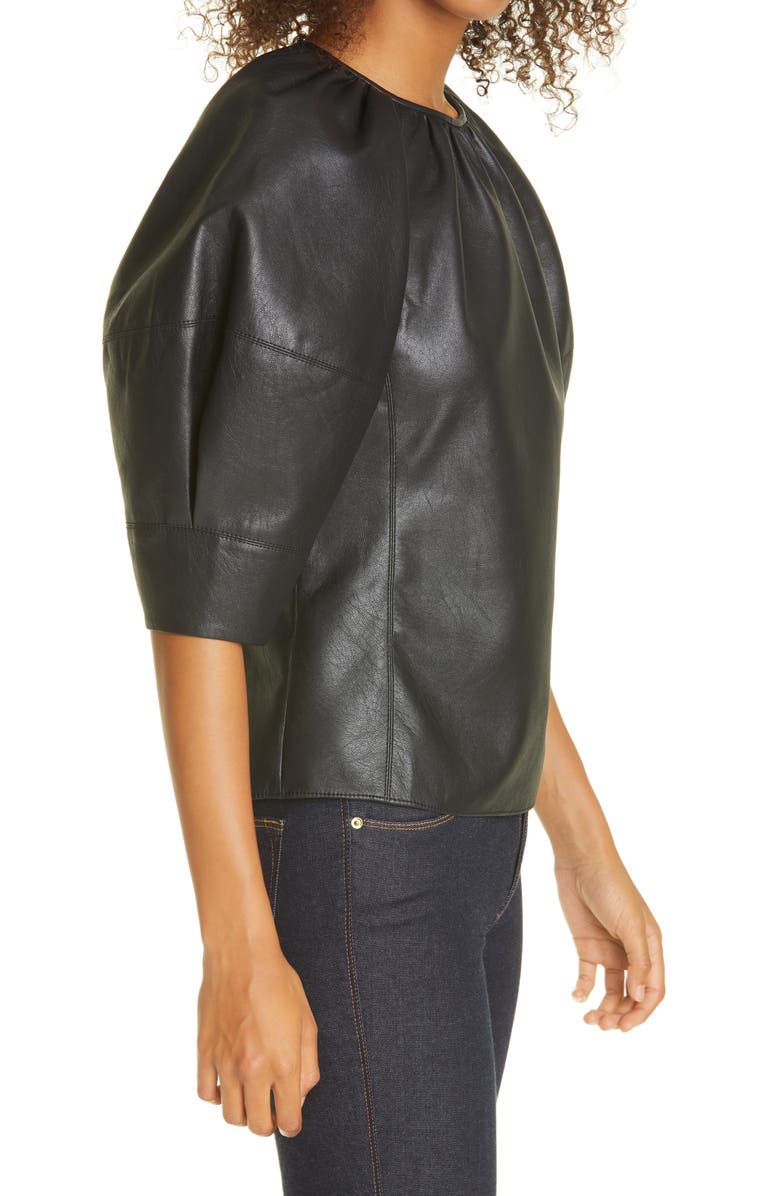 Rebecca Taylor Faux Leather Puff Sleeve Blouse, Alternate, color, 