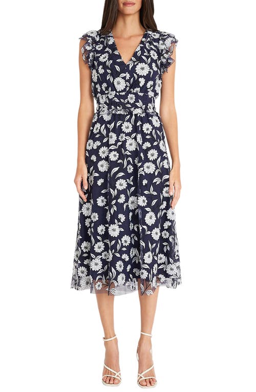 Shop Maggy London Floral Mesh Overlay Dress In Navy/black/white