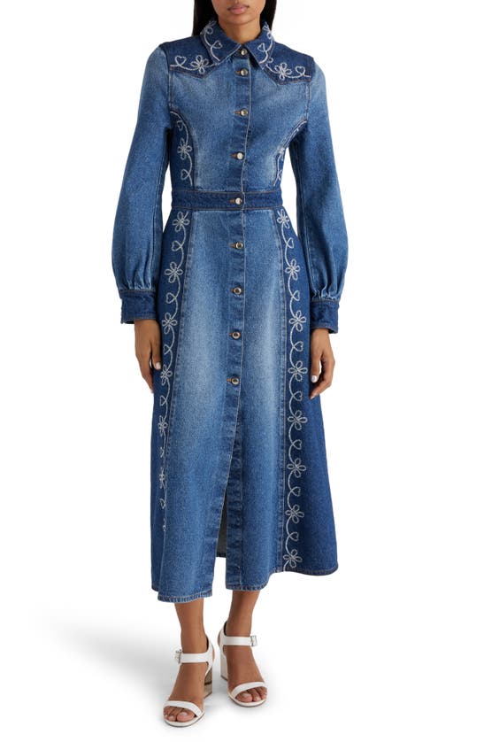 Shop Chloé Embroidered Long Sleeve Denim Shirtdress In Multicolor Blue 1