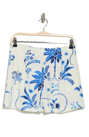 Industry Republic Clothing Pleated Linen Blend Shorts In Wht Grd Blue Watercolor Garden
