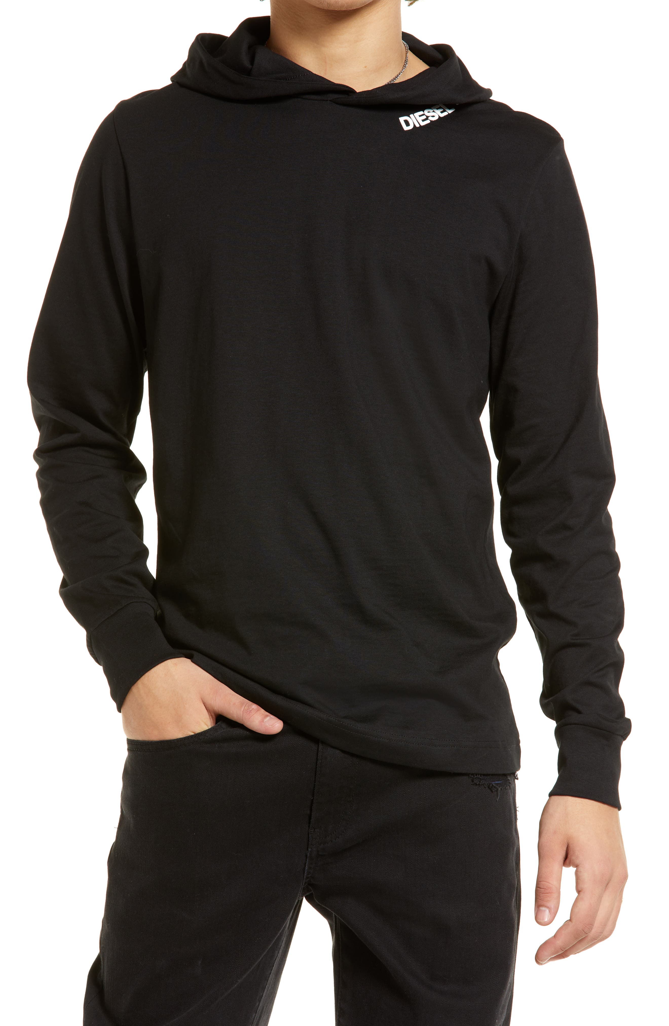 DIESEL(R) Jimmies Long Sleeve Hooded T-Shirt in Black