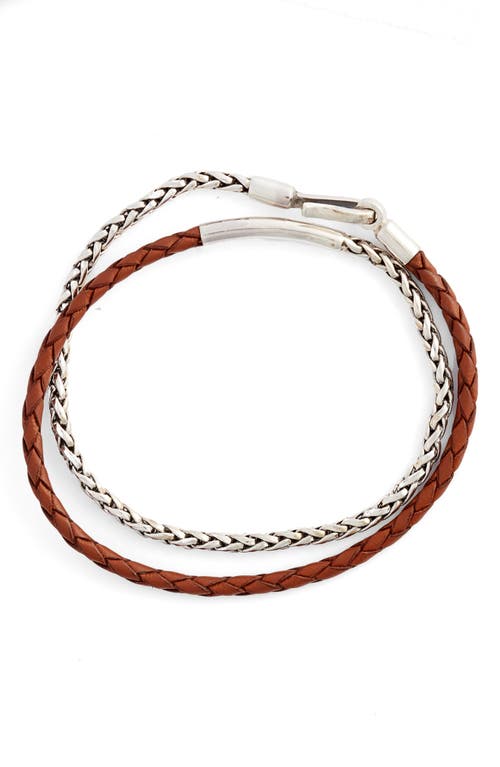 Braided Sterling Silver & Leather Double Wrap Bracelet in Tan