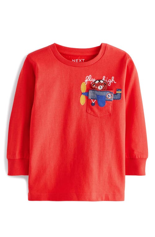 NEXT Kids' Bear Long Sleeve Cotton Pocket T-Shirt in Red 