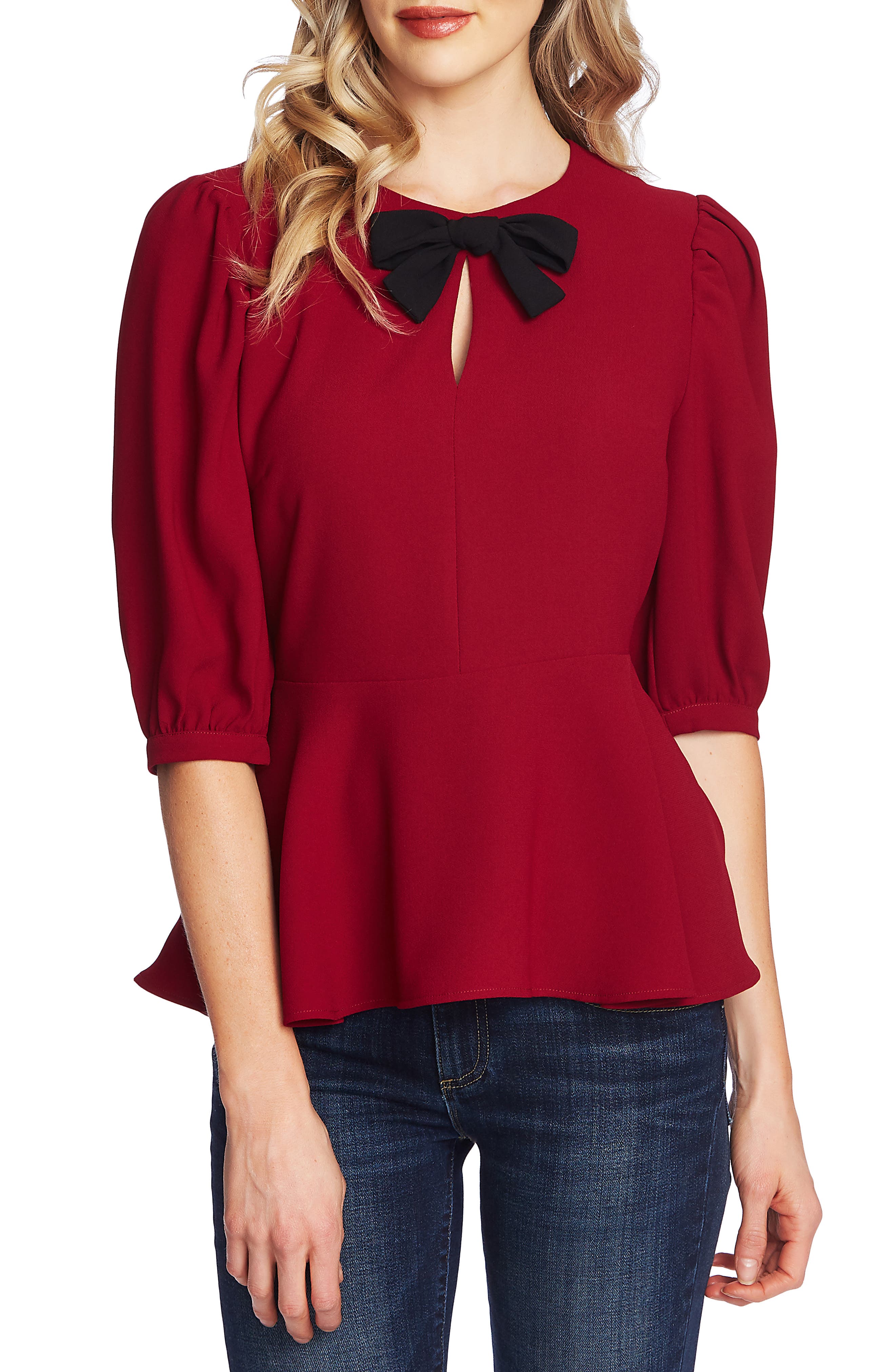 CECE Bow Neck Peplum Blouse, Main, color, ANTIQUE RUBY