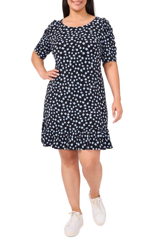 CeCe Floral Puff Sleeve Jersey Dress Rich Black at Nordstrom,