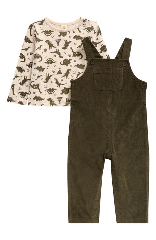 Shop Tucker + Tate Print Long Sleeve Cotton T-shirt & Corduroy Overalls Set In Beige Heather Dinosaur Olive