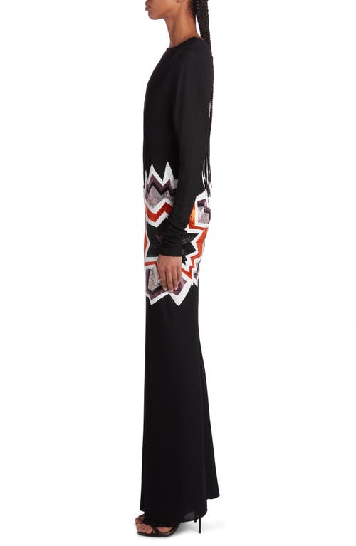 Shop Tom Ford Kapow Beaded Detail Long Sleeve Crepe Gown In Black/multicolor