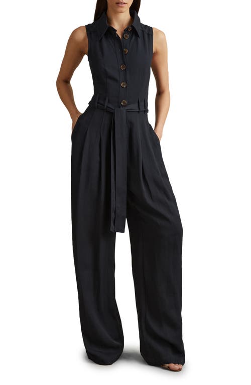 Shop Reiss Perla Belted Button Front Wide Leg Jumpsuit In Navy