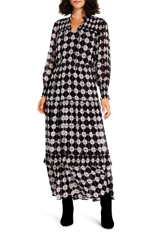 NIC+ZOE Dot Ruffle Smocked Long Sleeve Chiffon Maxi Dress in Black Multi