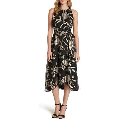 Tahari Floral Burnout High/low Cocktail Dress, Black