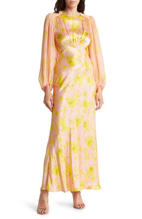 Floral Long Sleeve Satin Midi Dress