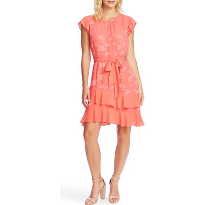 Cece Clip Floral Flutter Sleeve Dress, Orange