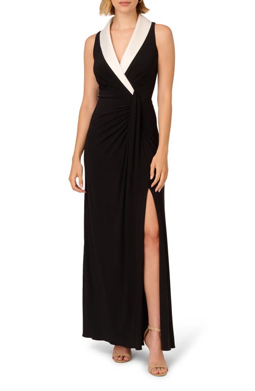 Shop Adrianna Papell Shawl Collar Jersey Faux Wrap Gown In Black/ivory