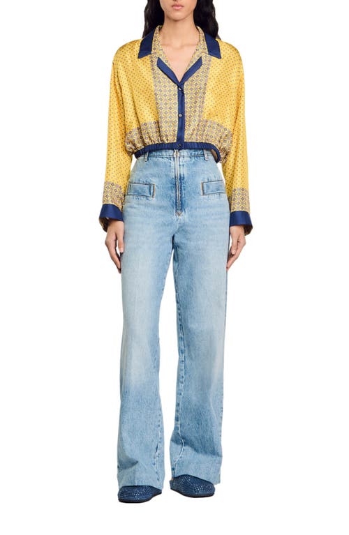 Shop Sandro Short Patterned Flowing Silk Shirt In Yellow/blu