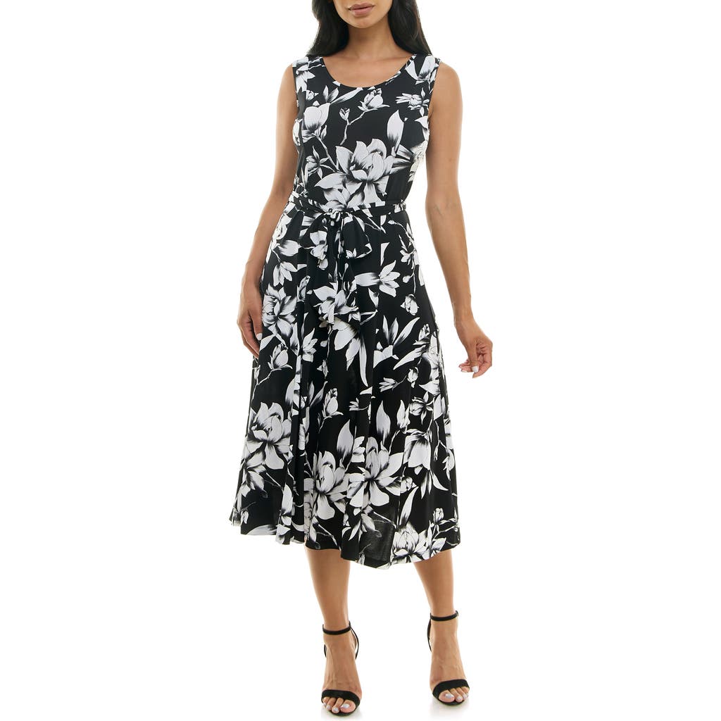 Shop Nina Leonard Crewneck Sleeveless Midi Dress In Black/ivory Combo