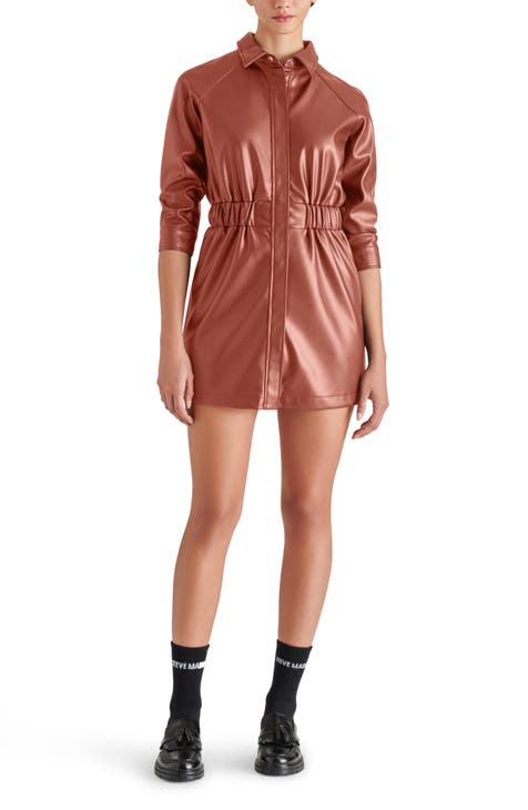 Faux Leather Snap Front Shirtdress