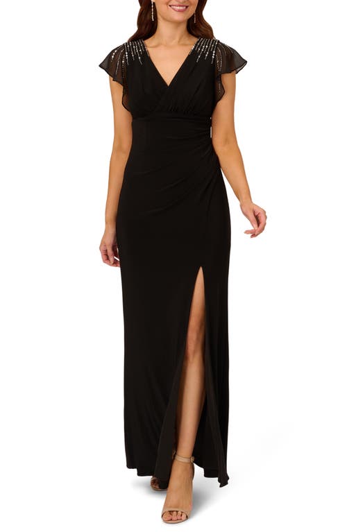 Adrianna Papell Beaded Jersey & Chiffon Faux Wrap Gown in Black